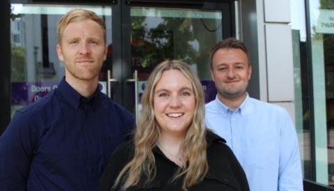 Graduate Recruitment (James, Richard and Lorna) Team standing outside of building