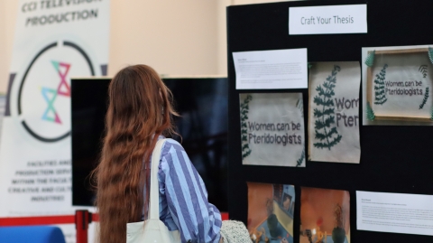 A festival delegate viewing the Craft Your Thesis entries