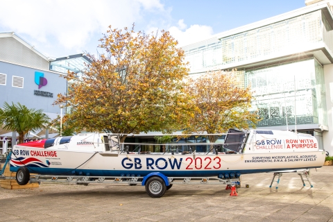 A GB Row Challenge ocean rowing vessel on display at the University of Portsmouth.