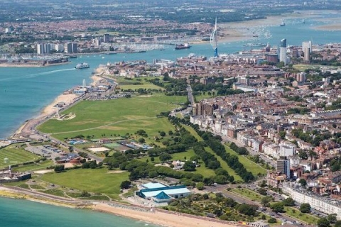 Aerial shot of Southsea beach and common