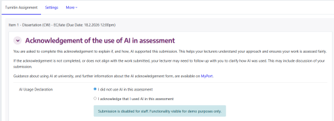 Screenshot of the acknowledgement of AI usage submission box on Moodle. There are two options 'I did not use AI in this assessment' and 'I acknowledge I used AI in this assessment'. 