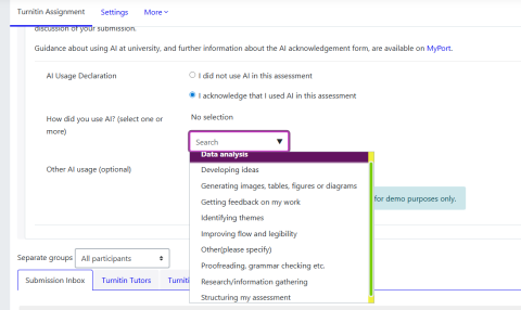 Screenshot of the acknowledgement of AI usage submission box on Moodle. The 'I acknowledge I have used AI in my assessment' box is ticked and the dropdown menu is open with options like 'data analysis' and 'developing ideas'.