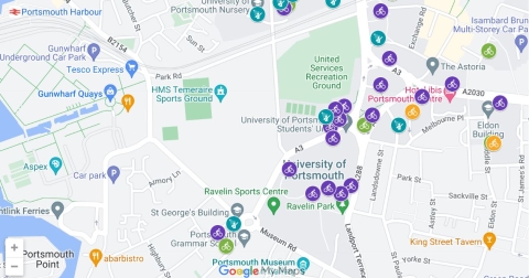 A screenshot of the active travel facilities map (University of Portsmouth)