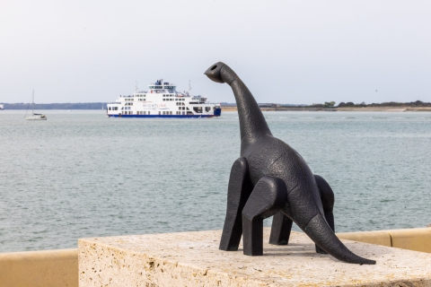 Dino the Dinosaur statue watching the Isle of Wight ferry sail by