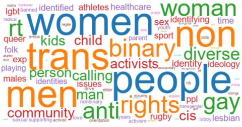 Example 2 - Wordcloud of terms collocated with the word 'trans' (taken from a sample of 20,833 LGBTQ+ UK Tweets)