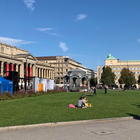 A grassy seating area in Stuttgart, Germany