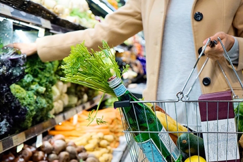 A shopper with a basket in a supermarket