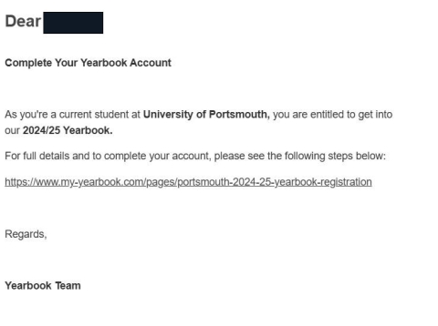 Screenshot of scam email asking students to complete their Yearbook account