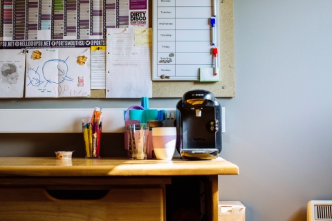 Student desk with coffee maker