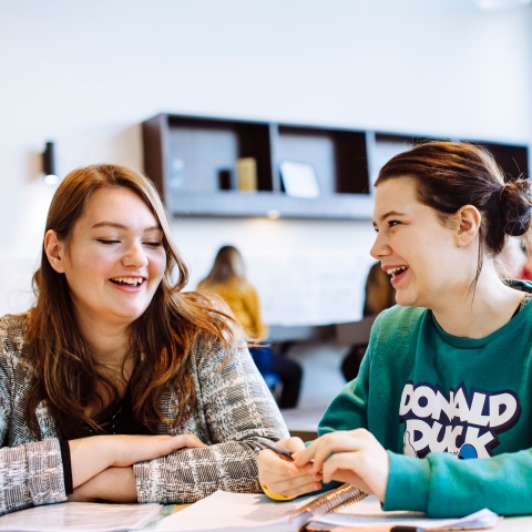 Male and female students studying in University library