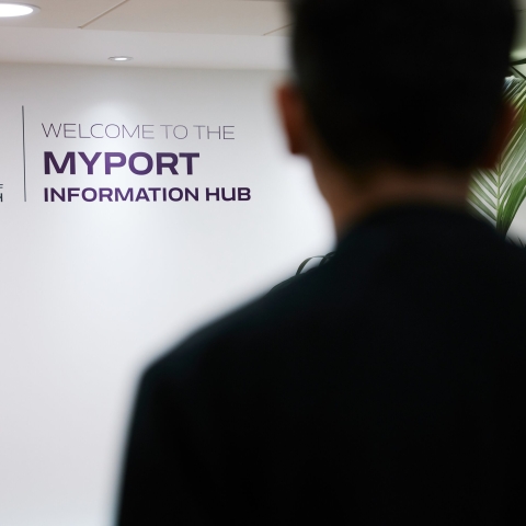 Student visiting the MyPort Information Hub