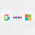 google and Microsoft Logo with line moving between