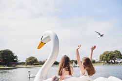 Students riding on Swan pedalo