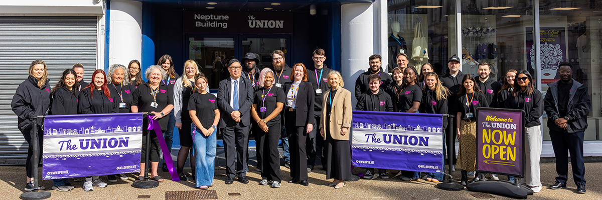The Students' Union and senior university leaders outside of Neptune Building 