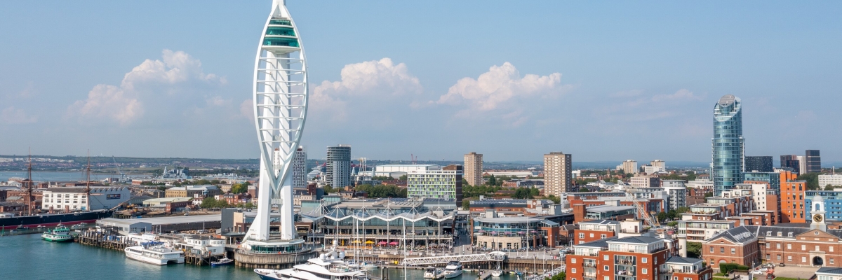 Aerial view of Portsmouth, with the Spinnaker tower in the forefront