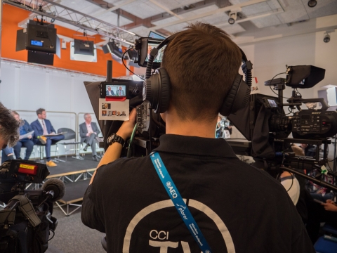 Students presenting on set in CCI TV Studios