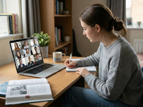 Student seated at a desk, taking notes while attending an online Microsoft Teams meeting on a laptop in a quiet study space with natural daylight.