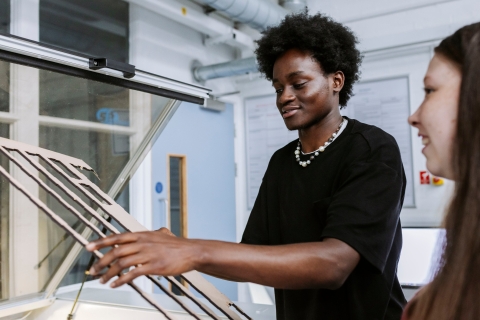 Students examining wood after using Industrial Laser Cutter
Technology Facilities Day One - NOT FOR THIRD PARTY - CONSENT