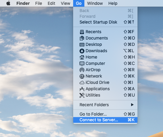 Select from the top menu on MacOS Go and Connect to Server